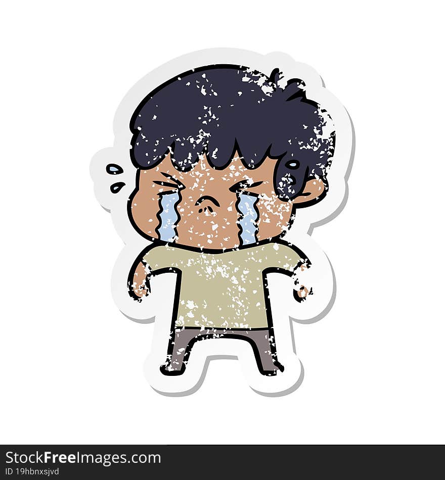 Distressed Sticker Of A Cartoon Boy Crying