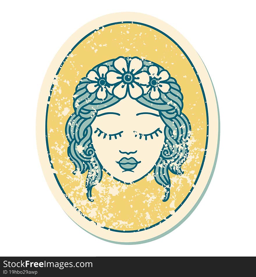 iconic distressed sticker tattoo style image of a maiden with eyes closed. iconic distressed sticker tattoo style image of a maiden with eyes closed