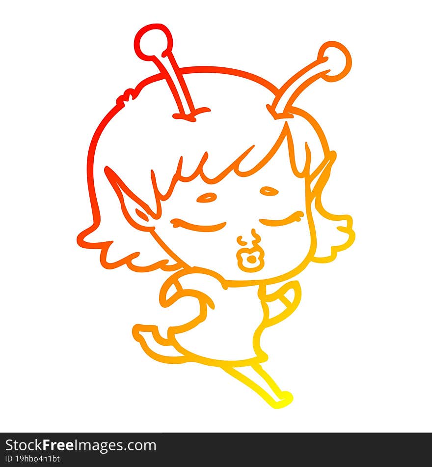 warm gradient line drawing of a cartoon alien girl