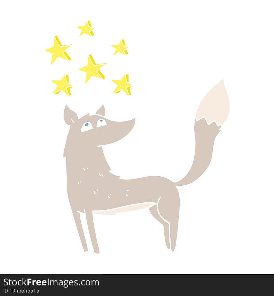 flat color illustration of a cartoon wolf with stars