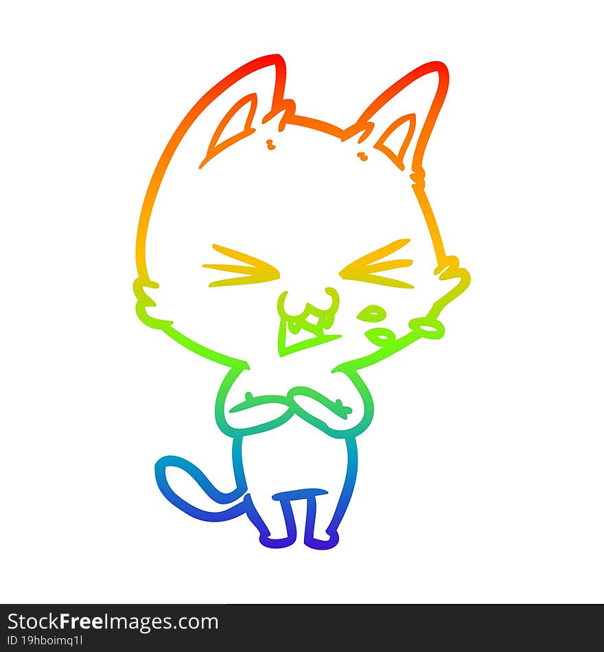 rainbow gradient line drawing of a cartoon cat hissing