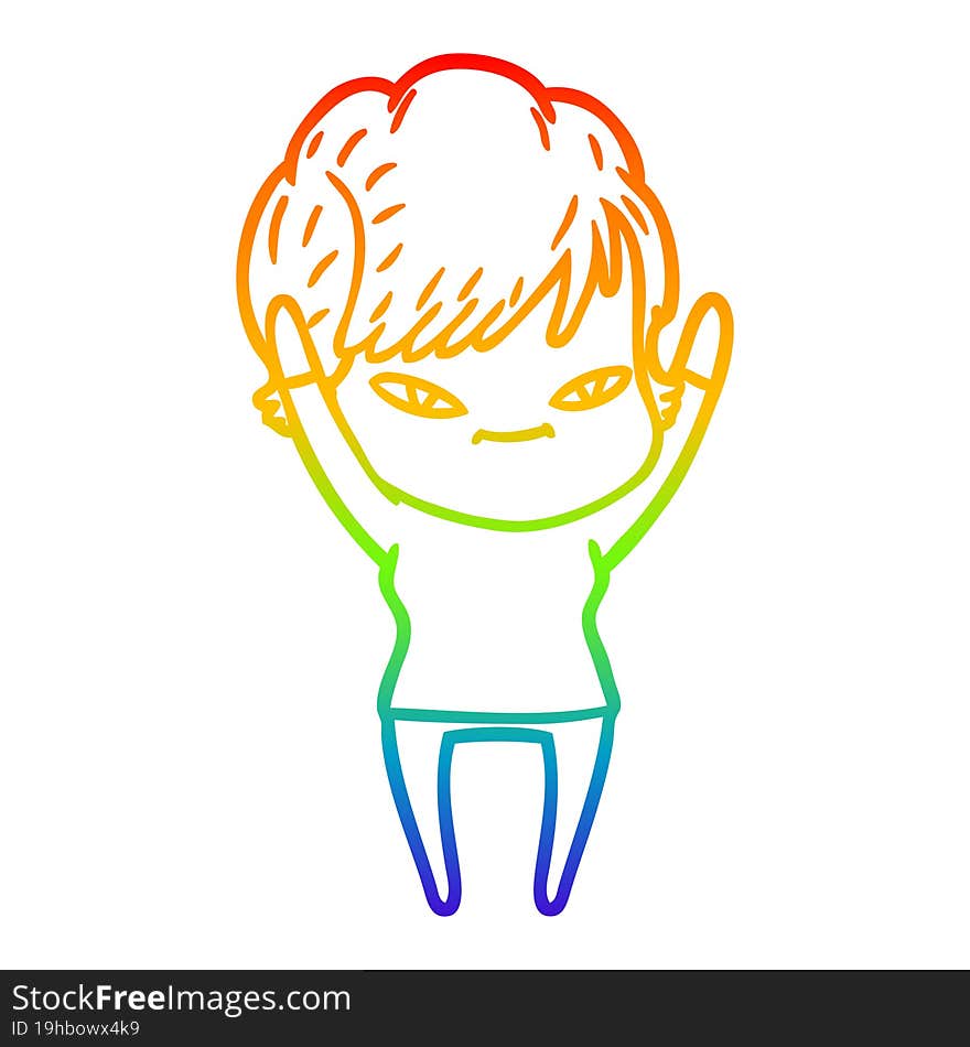 rainbow gradient line drawing of a cartoon happy woman