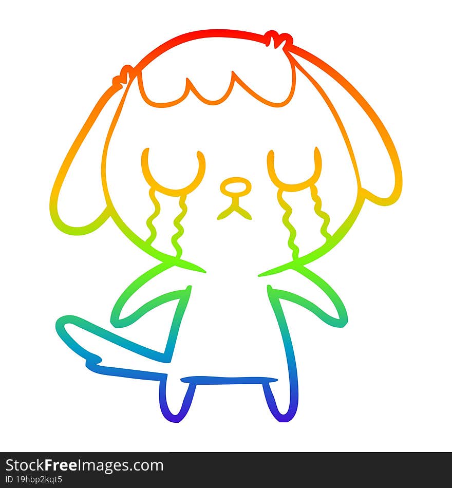 rainbow gradient line drawing of a cute cartoon dog crying