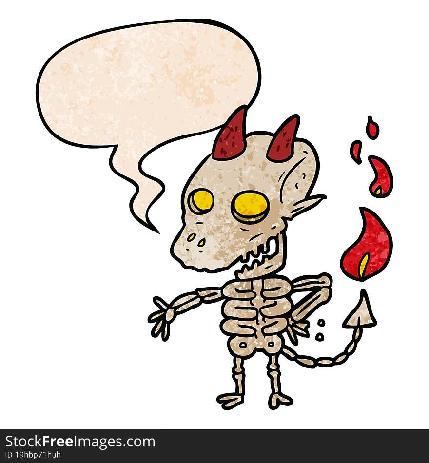 cartoon spooky skeleton demon and speech bubble in retro texture style