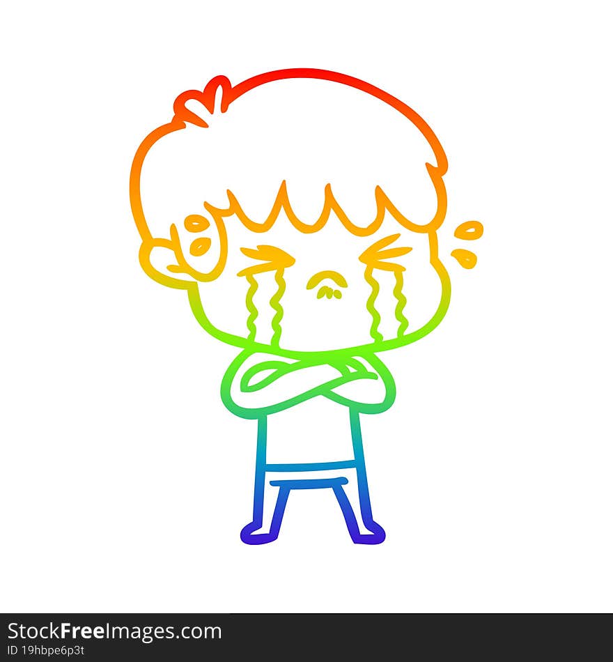 Rainbow Gradient Line Drawing Cartoon Boy Crying