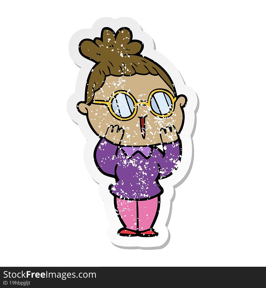 distressed sticker of a cartoon woman wearing spectacles