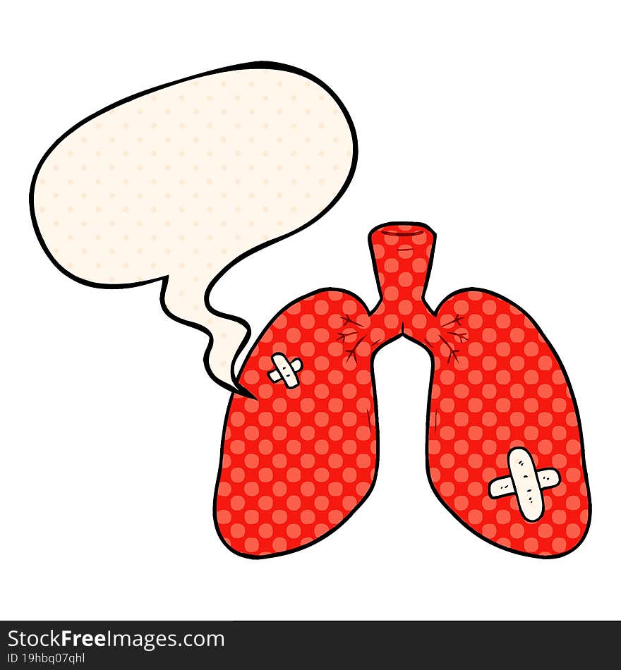 cartoon repaired lungs and speech bubble in comic book style