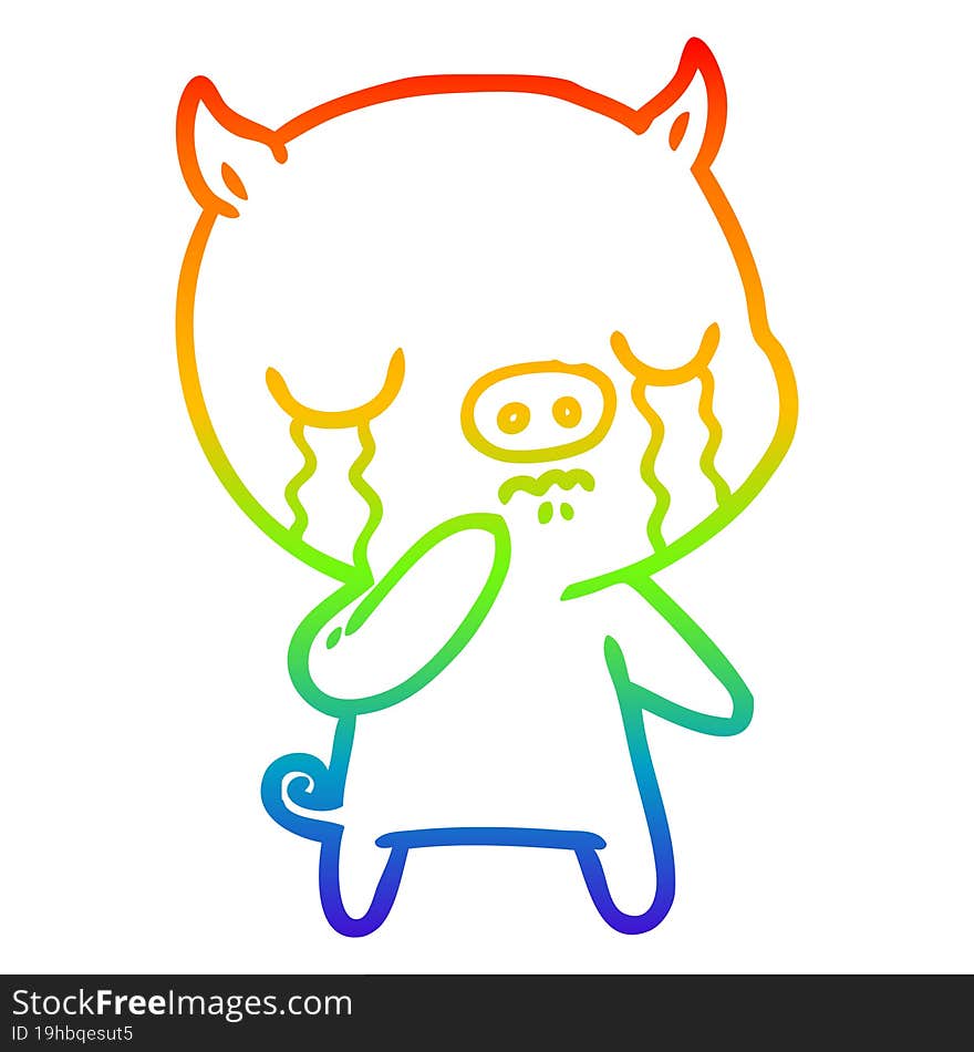 rainbow gradient line drawing of a cartoon pig crying