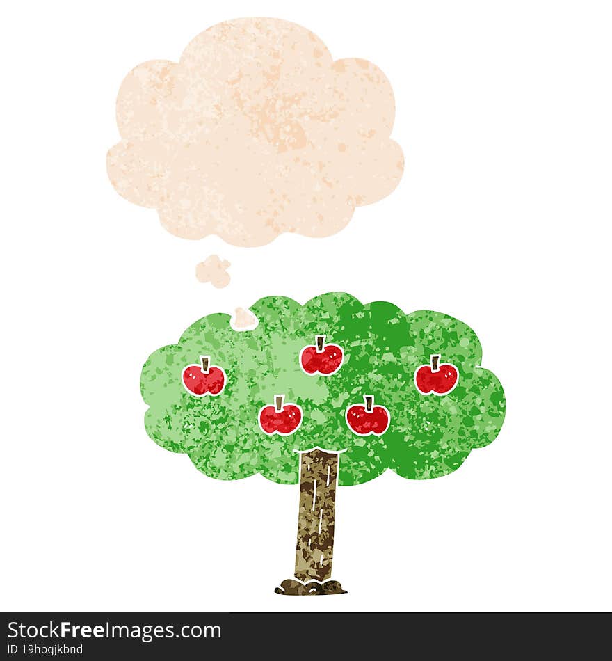 cartoon apple tree and thought bubble in retro textured style