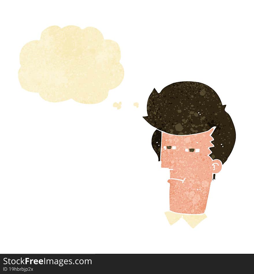 cartoon man with narrowed eyes with thought bubble