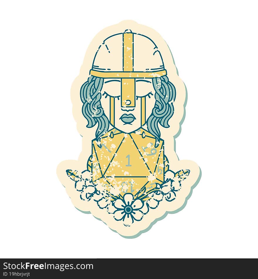 crying human fighter with natural one D20 roll grunge sticker