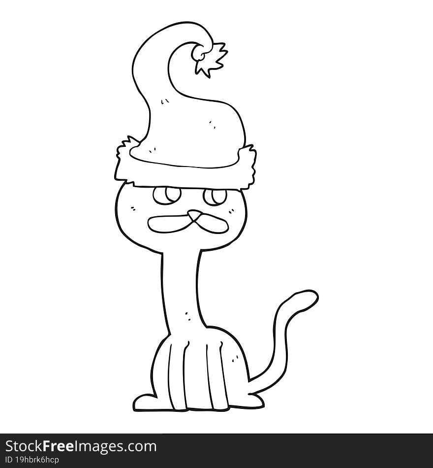 black and white cartoon cat wearing christmas hat