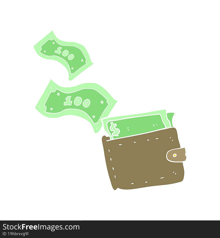 flat color illustration of a cartoon wallet full of money