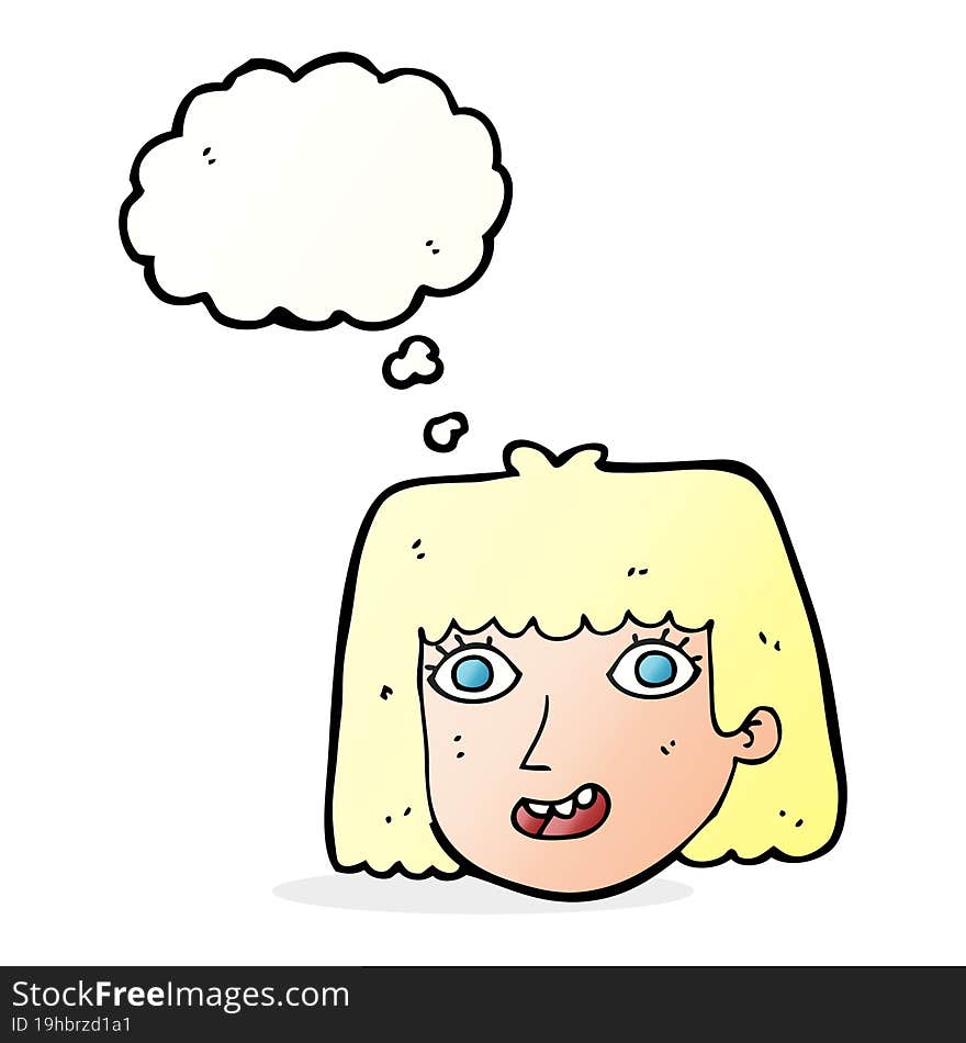 cartoon happy female face with thought bubble