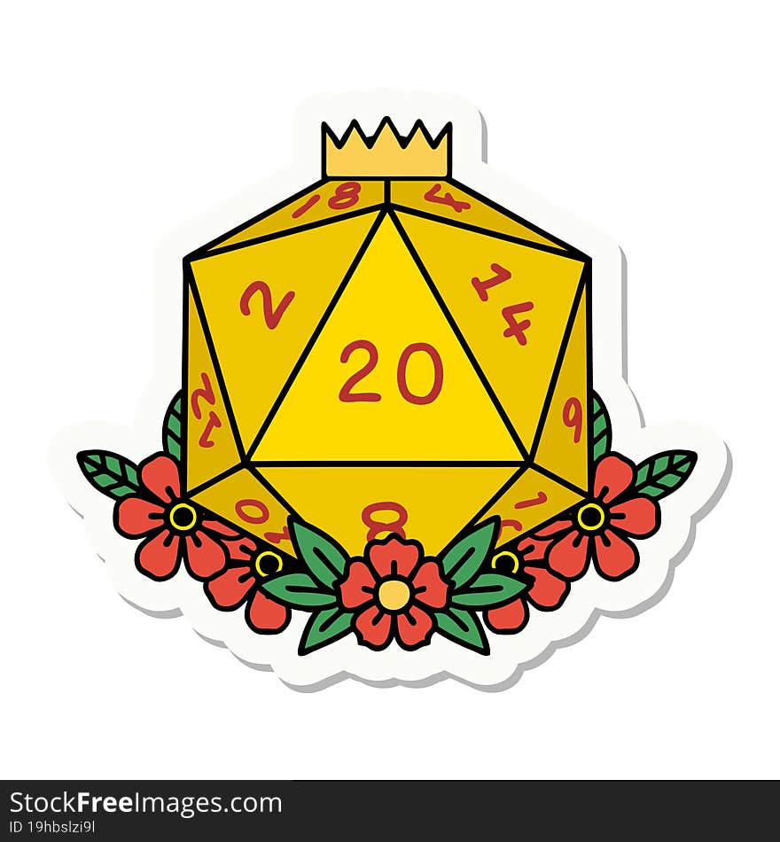 sticker of a natural 20 D20 dice roll with floral elements. sticker of a natural 20 D20 dice roll with floral elements