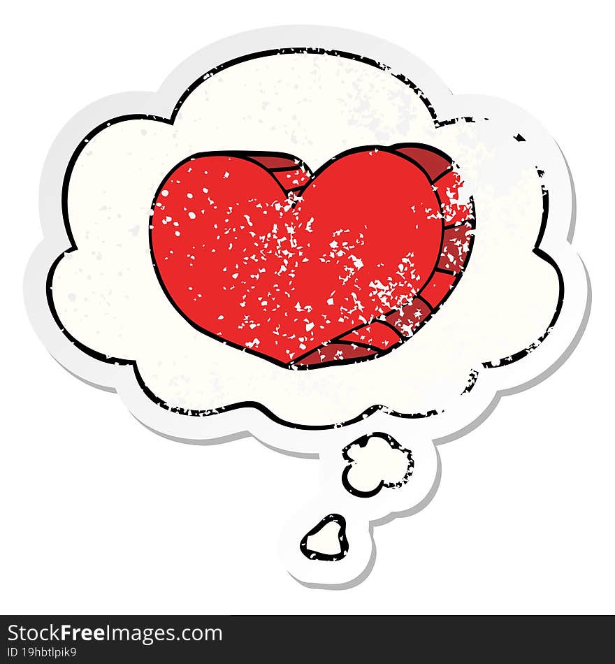 cartoon love heart with thought bubble as a distressed worn sticker