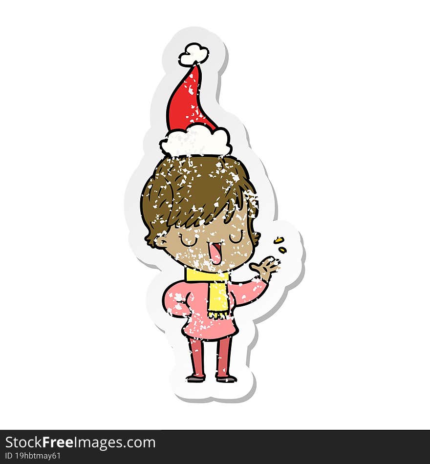 Distressed Sticker Cartoon Of A Woman Talking Wearing Santa Hat