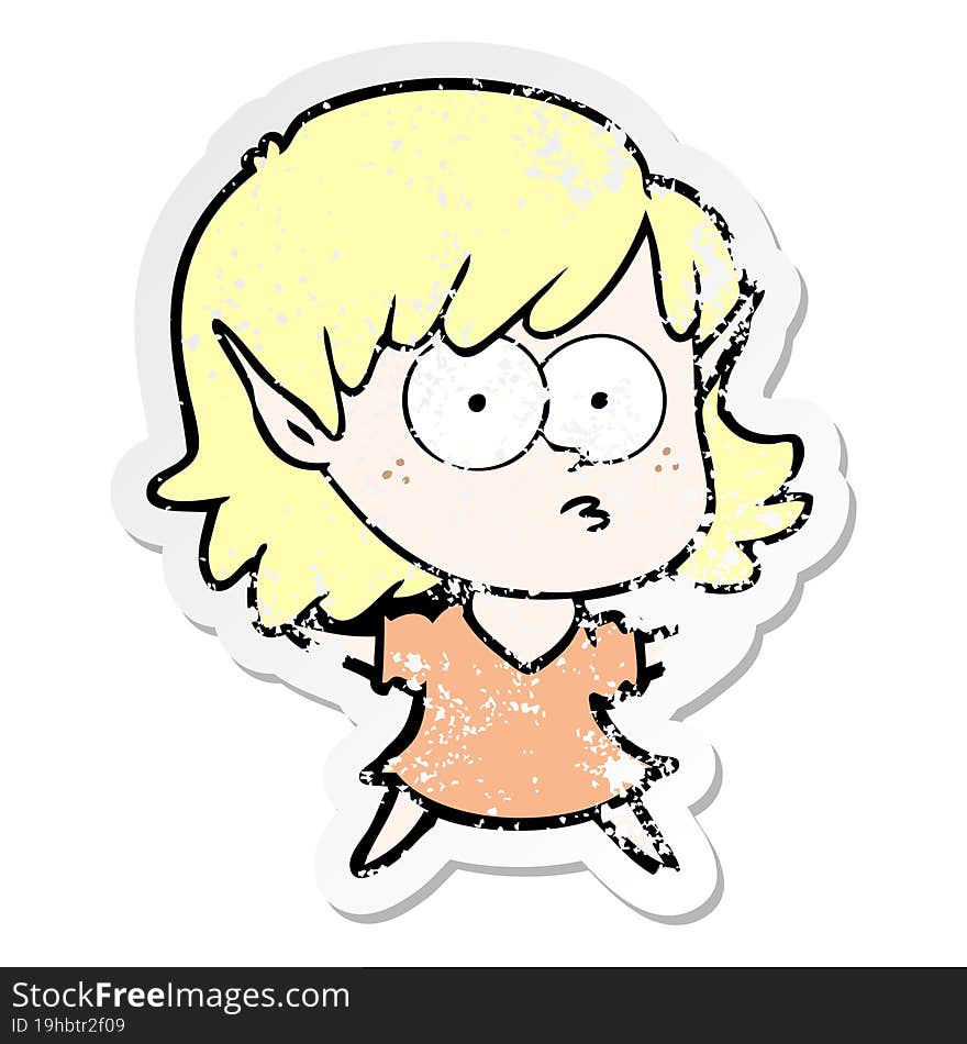 Distressed Sticker Of A Cartoon Elf Girl Staring