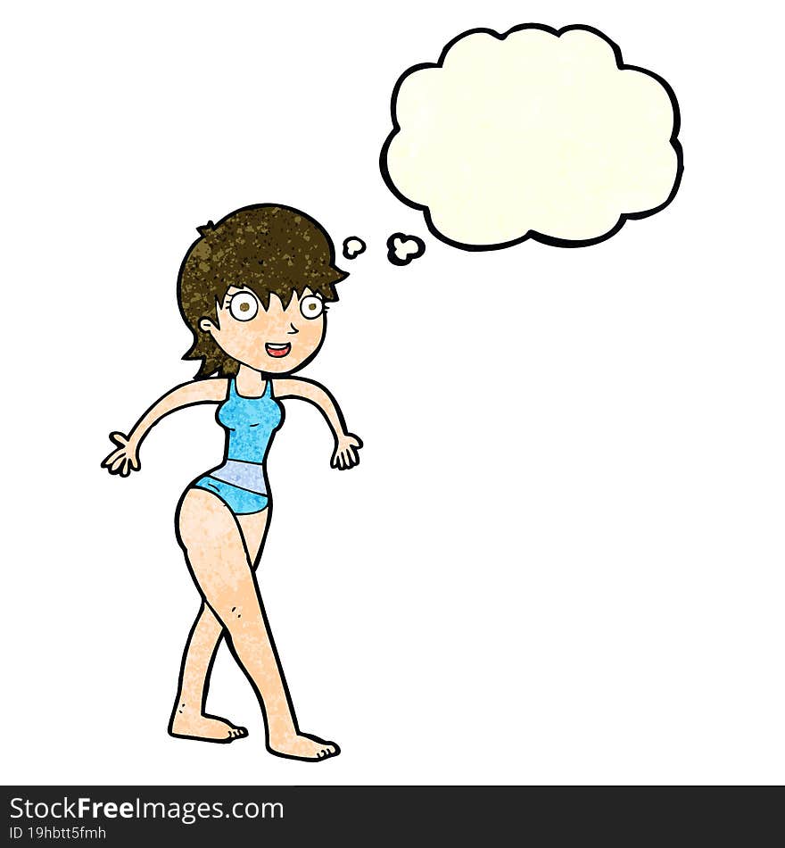 Cartoon Happy Woman In Swimming Costume With Thought Bubble