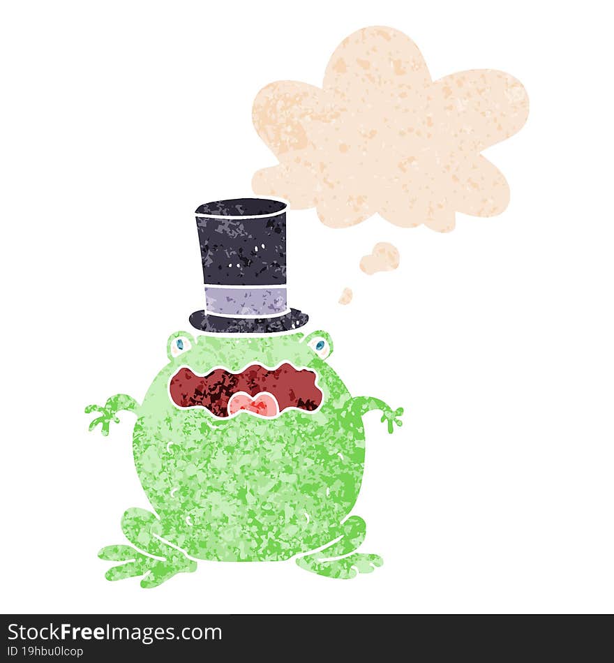 cartoon toad wearing top hat and thought bubble in retro textured style