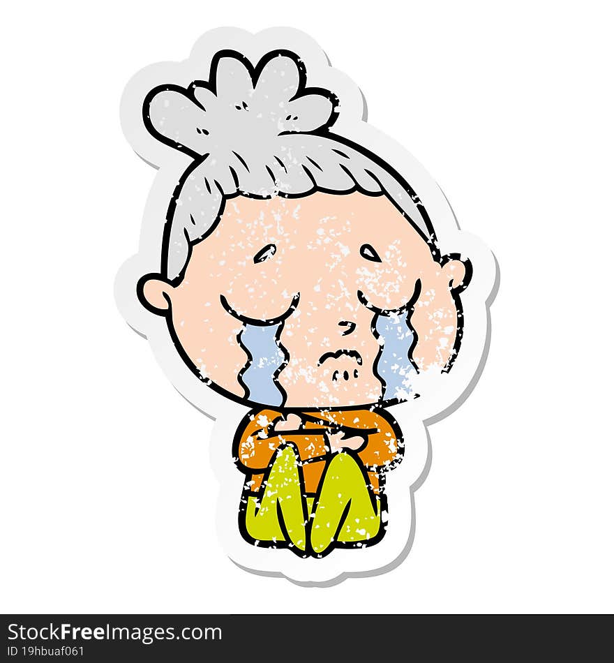 distressed sticker of a cartoon crying woman hugged up