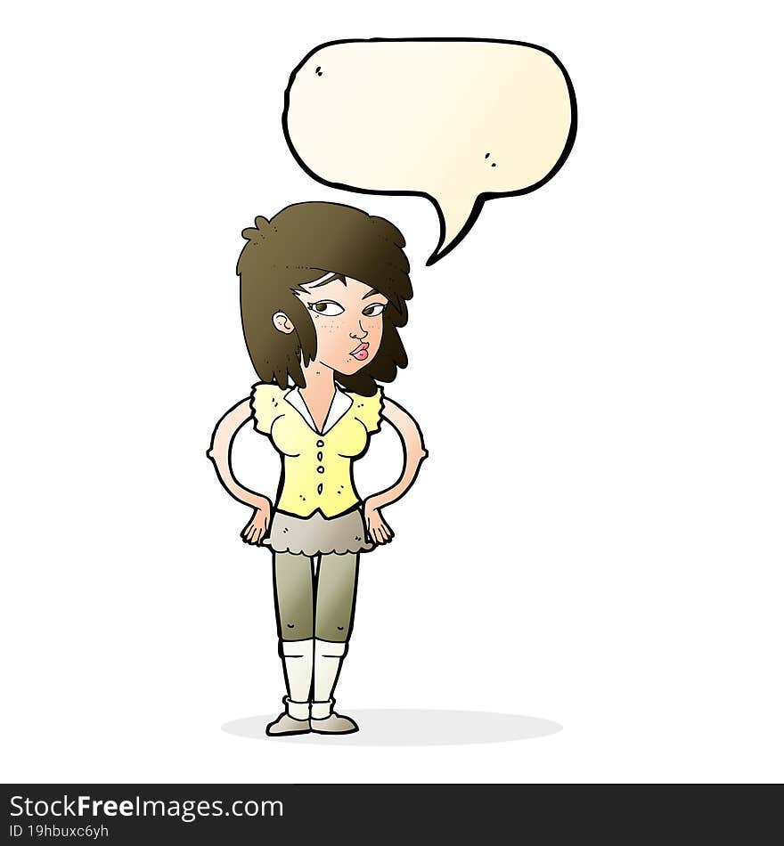 cartoon pretty woman with hands on hips with speech bubble