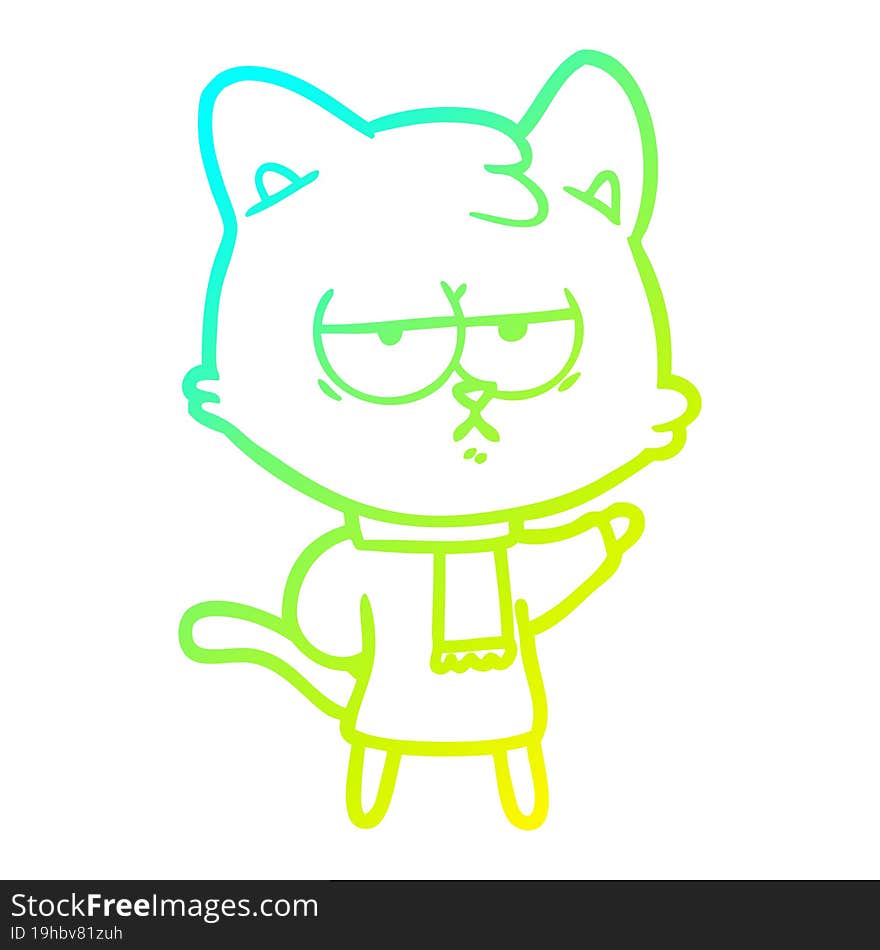 cold gradient line drawing bored cartoon cat in winter clothes