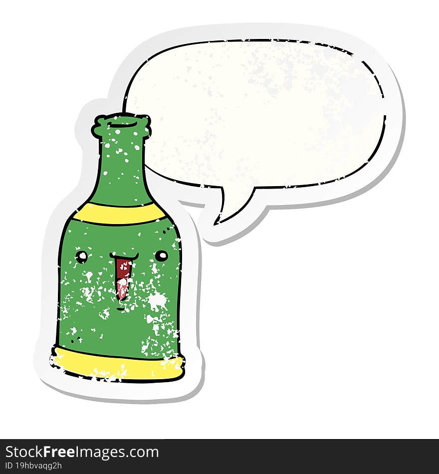 Cartoon Beer Bottle And Speech Bubble Distressed Sticker