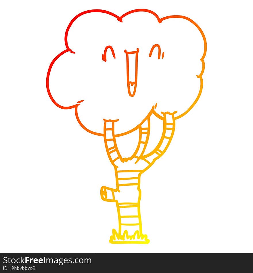 warm gradient line drawing of a cartoon laughing tree