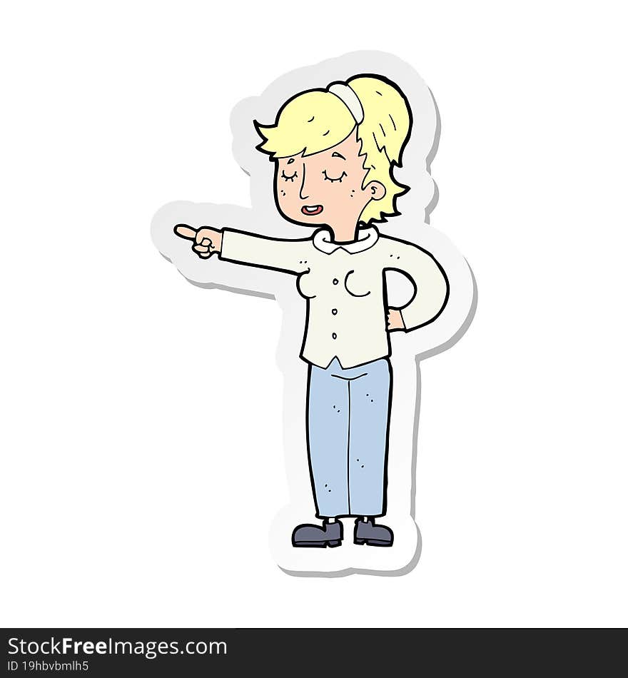 Sticker Of A Cartoon Friendly Woman Pointing