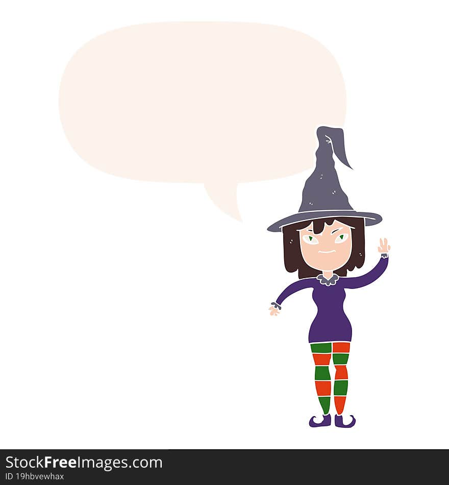 cartoon witch and speech bubble in retro style