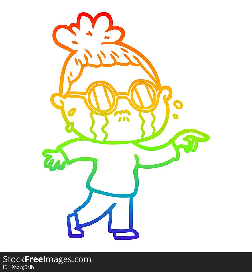 Rainbow Gradient Line Drawing Cartoon Crying Woman Wearing Spectacles