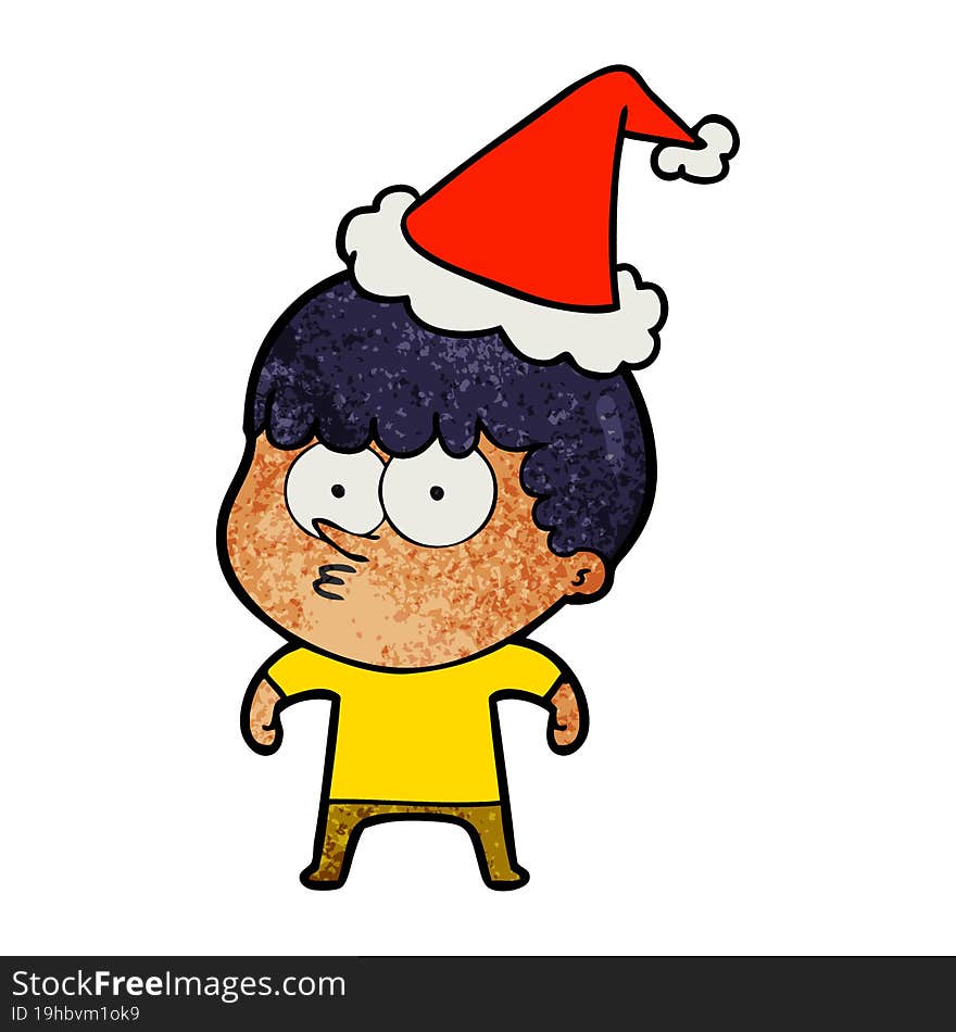 textured cartoon of a curious boy wearing santa hat