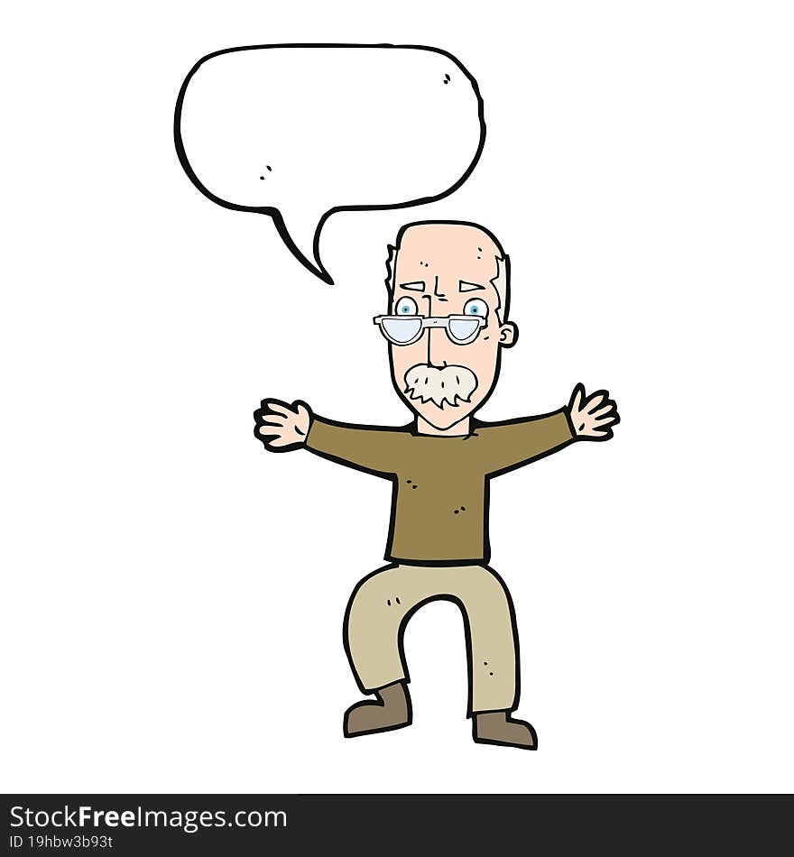 Cartoon Old Man Waving Arms With Speech Bubble