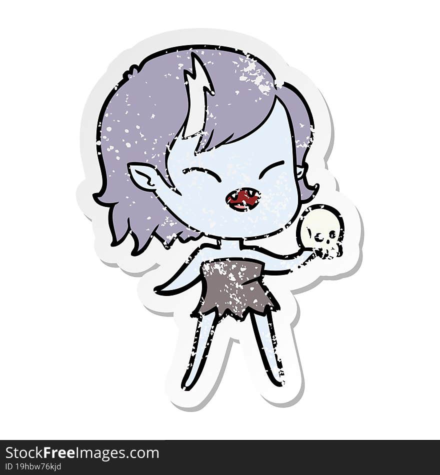 distressed sticker of a cartoon laughing vampire girl with skull