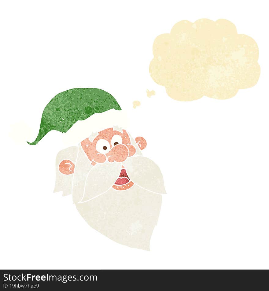 cartoon jolly santa claus face with thought bubble