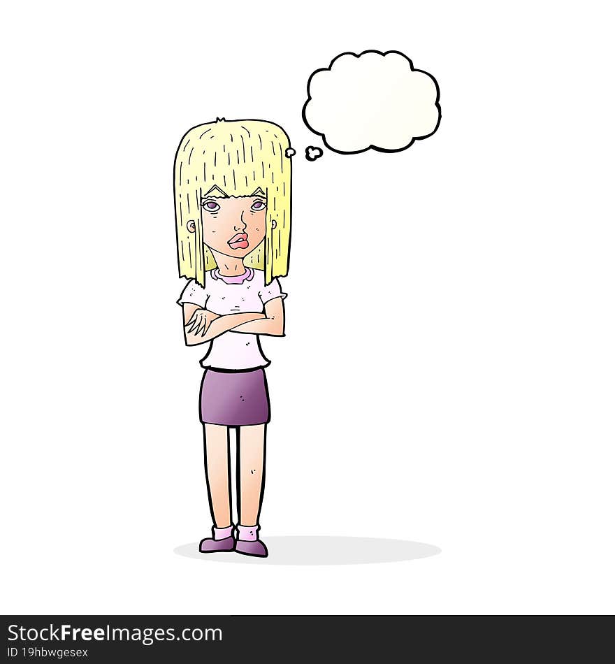 cartoon woman standing with thought bubble