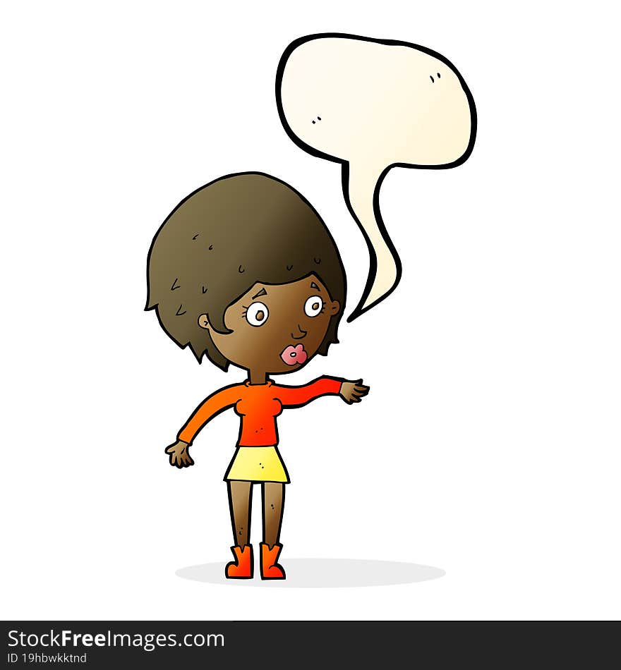 cartoon concerned woman reaching out with speech bubble