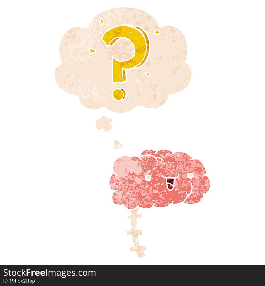 cartoon curious brain and thought bubble in retro textured style