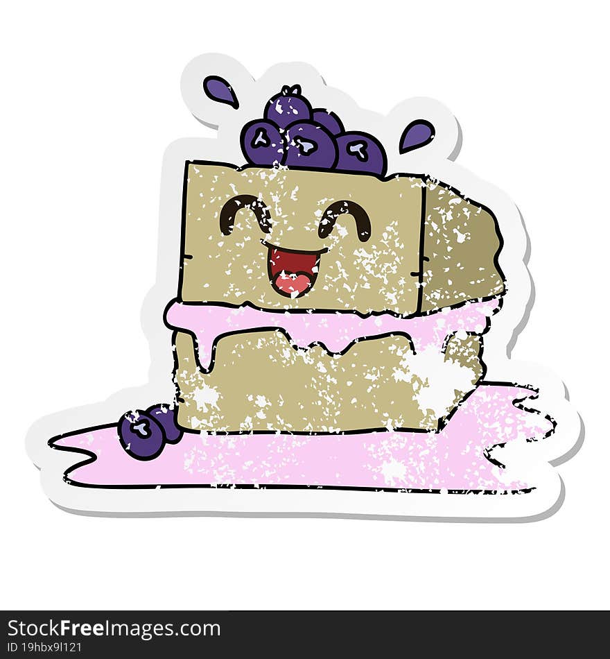 distressed sticker of a quirky hand drawn cartoon happy cake slice