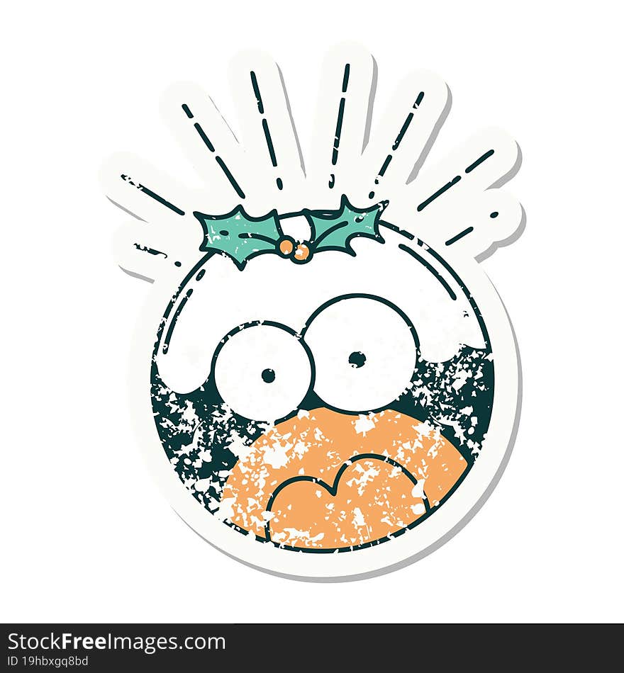 grunge sticker of tattoo style shocked christmas pudding