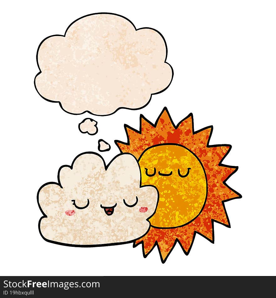 cartoon sun and cloud and thought bubble in grunge texture pattern style