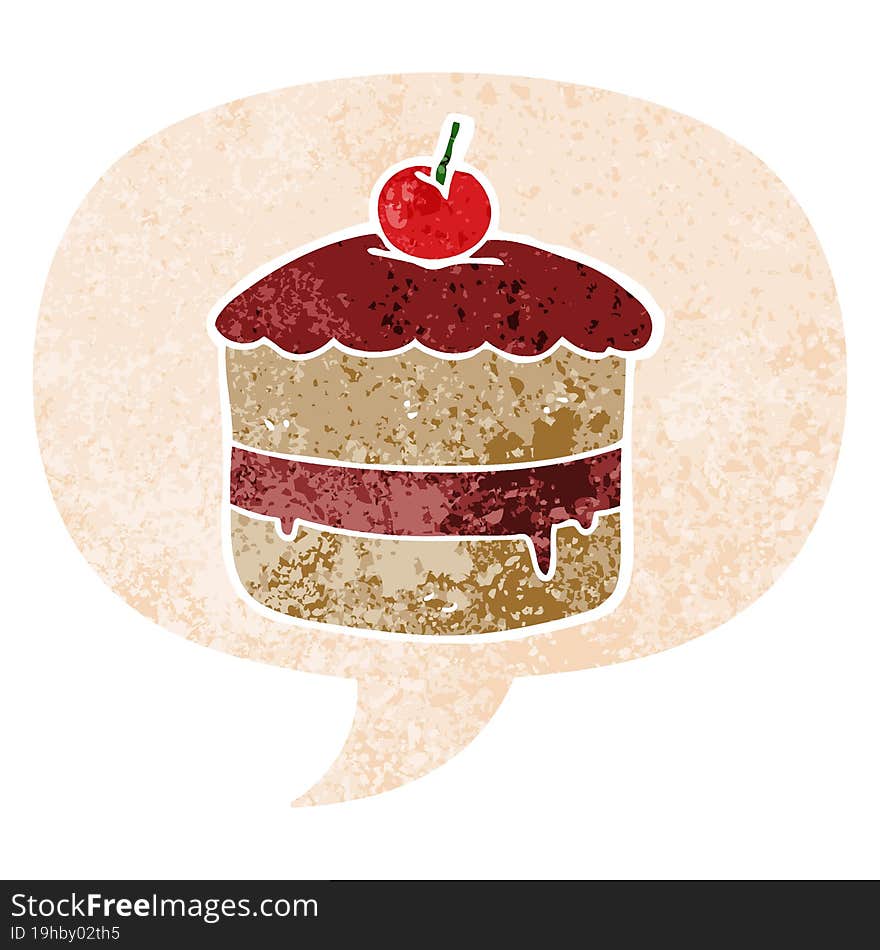 cartoon cake and speech bubble in retro textured style