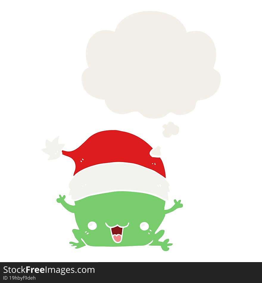 cute cartoon christmas frog with thought bubble in retro style