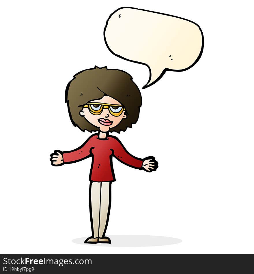 cartoon woman wearing spectacles with speech bubble