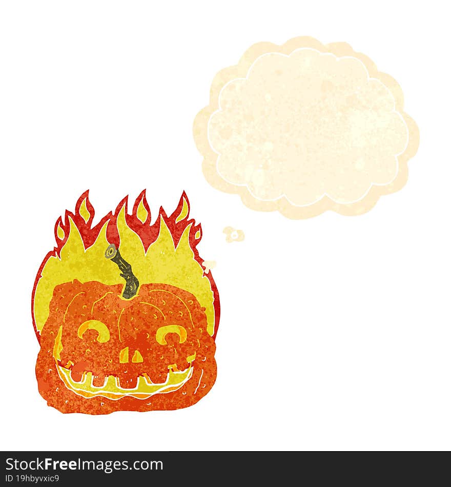 cartoon burning pumpkin with thought bubble