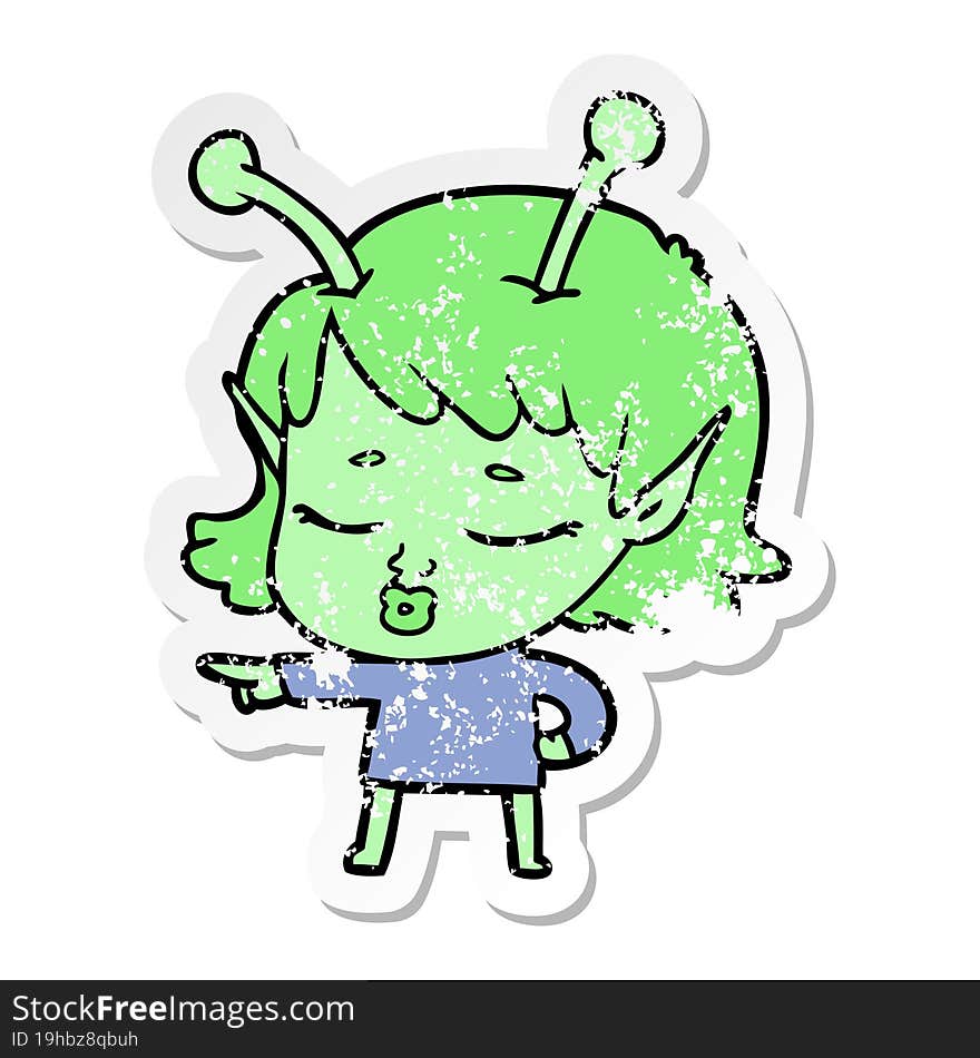 distressed sticker of a cute alien girl cartoon pointing