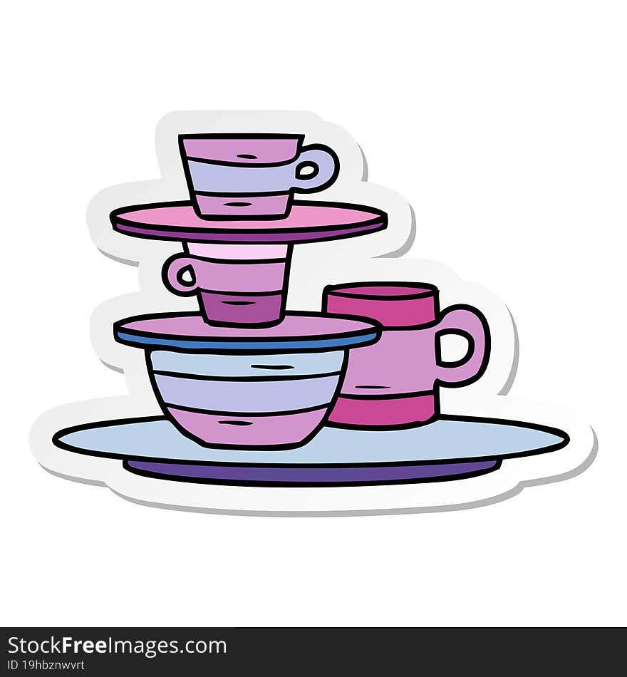 hand drawn sticker cartoon doodle of colourful bowls and plates