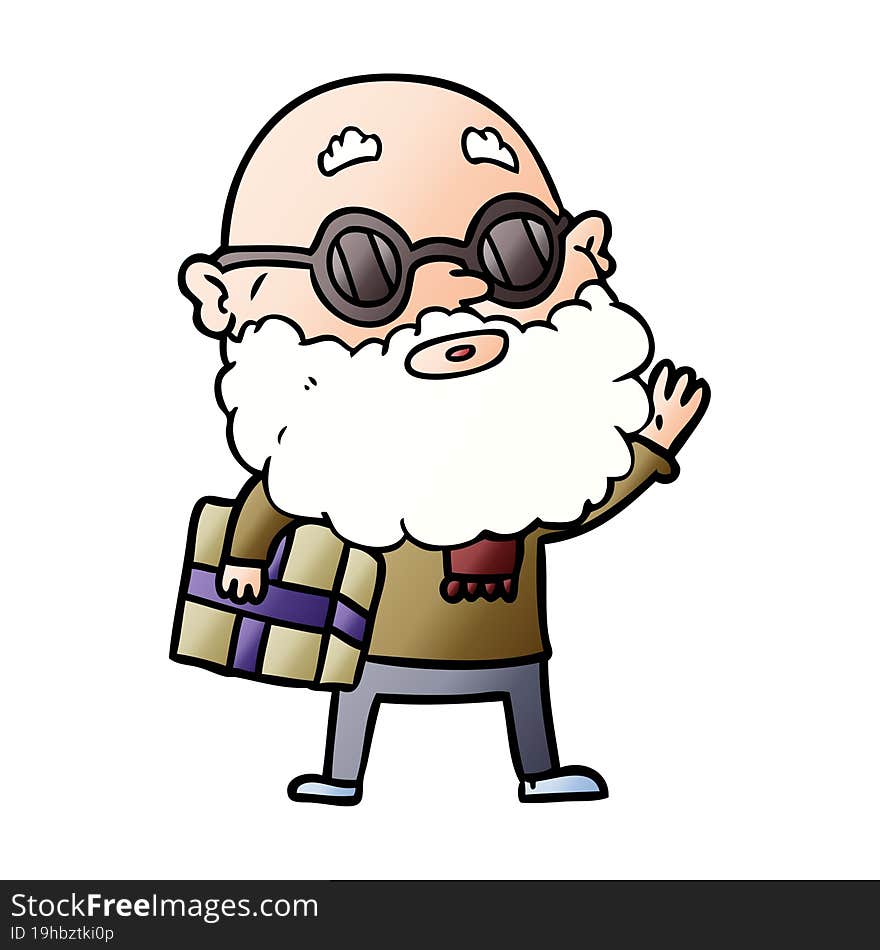 cartoon curious man with beard sunglasses and present. cartoon curious man with beard sunglasses and present