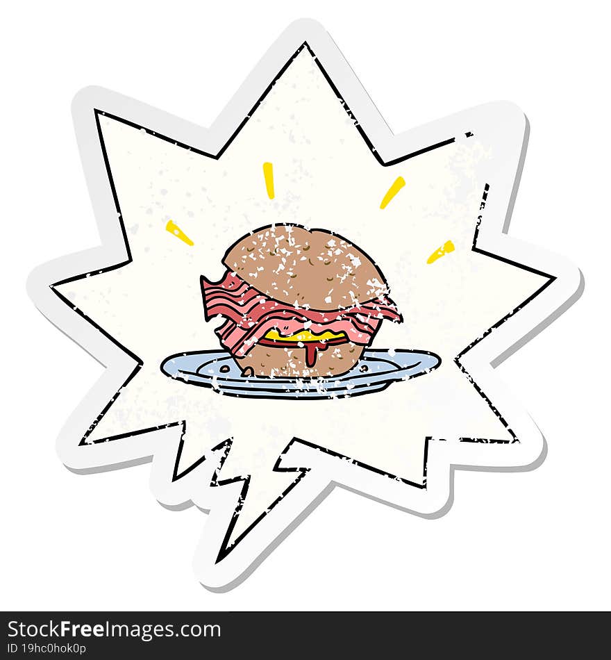 cartoon amazingly tasty bacon breakfast sandwich with cheese with speech bubble distressed distressed old sticker. cartoon amazingly tasty bacon breakfast sandwich with cheese with speech bubble distressed distressed old sticker